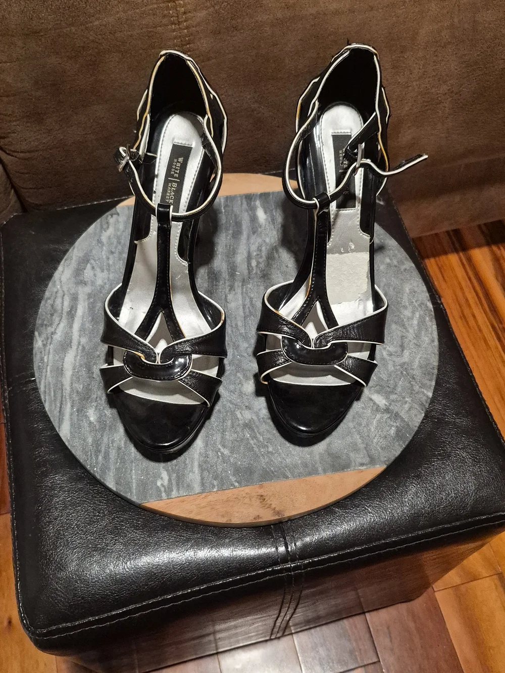 White House Black Market Black T‑Bar Stiletto Sandals with White Trim